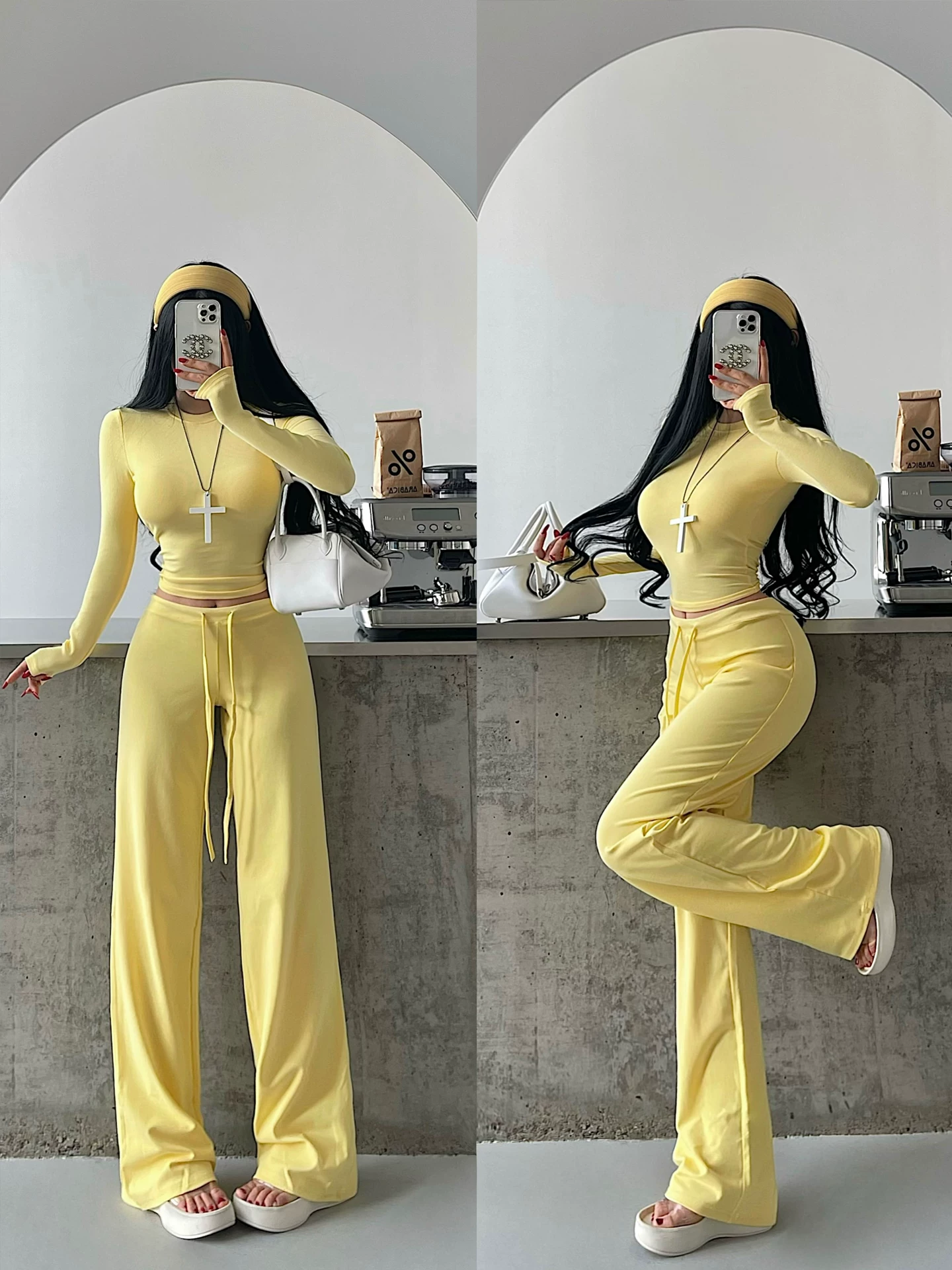 Áo thun dài tay phong cách YoungGirlDay Pure Desire có miếng đệm ngực và dây rút, kèm quần dài ống rộng, phong cách thường ngày.