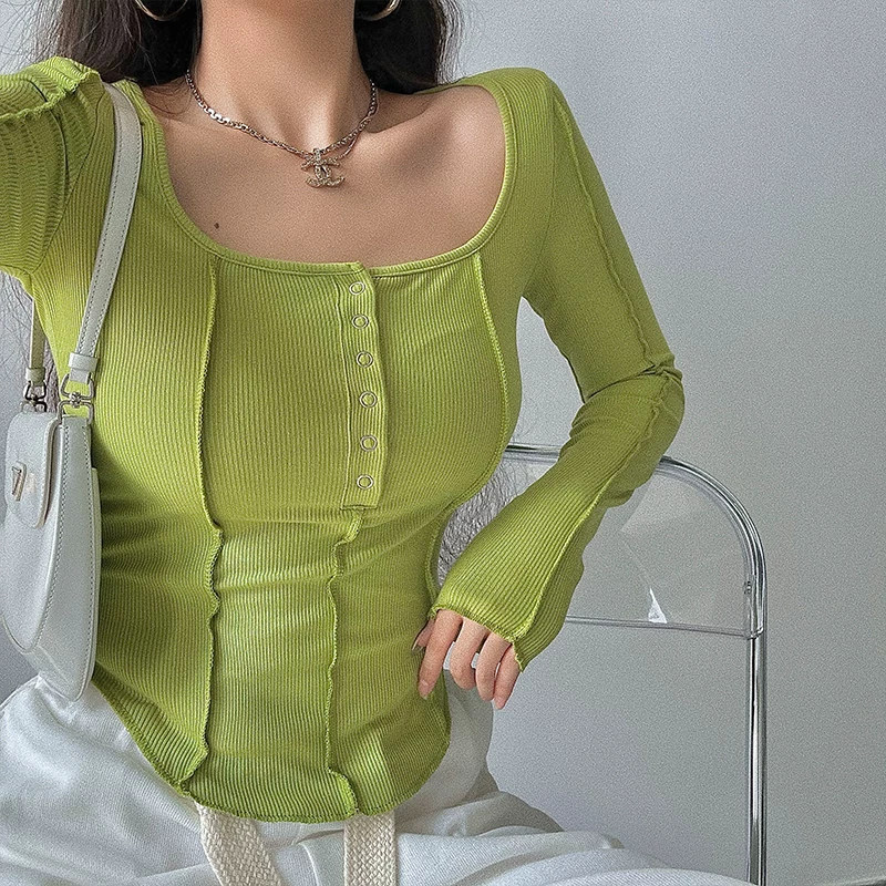 YoungGirlDay Áo thun cơ bản dài tay cổ chữ U cỡ lớn phong cách Âu Mỹ kiểu dáng ôm vừa vặn khâu ngược một hàng khuy