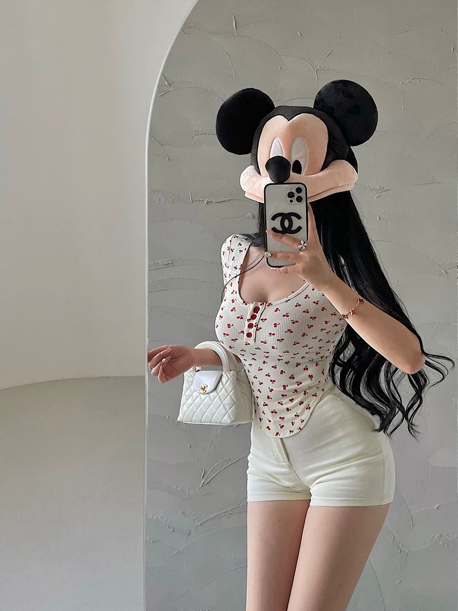 YoungGirlDay phong cách cô gái ngọt ngào thuần khiết Áo thun ngắn tay cổ chữ U ôm vừa vặn có dây rút eo in hình quả anh đào