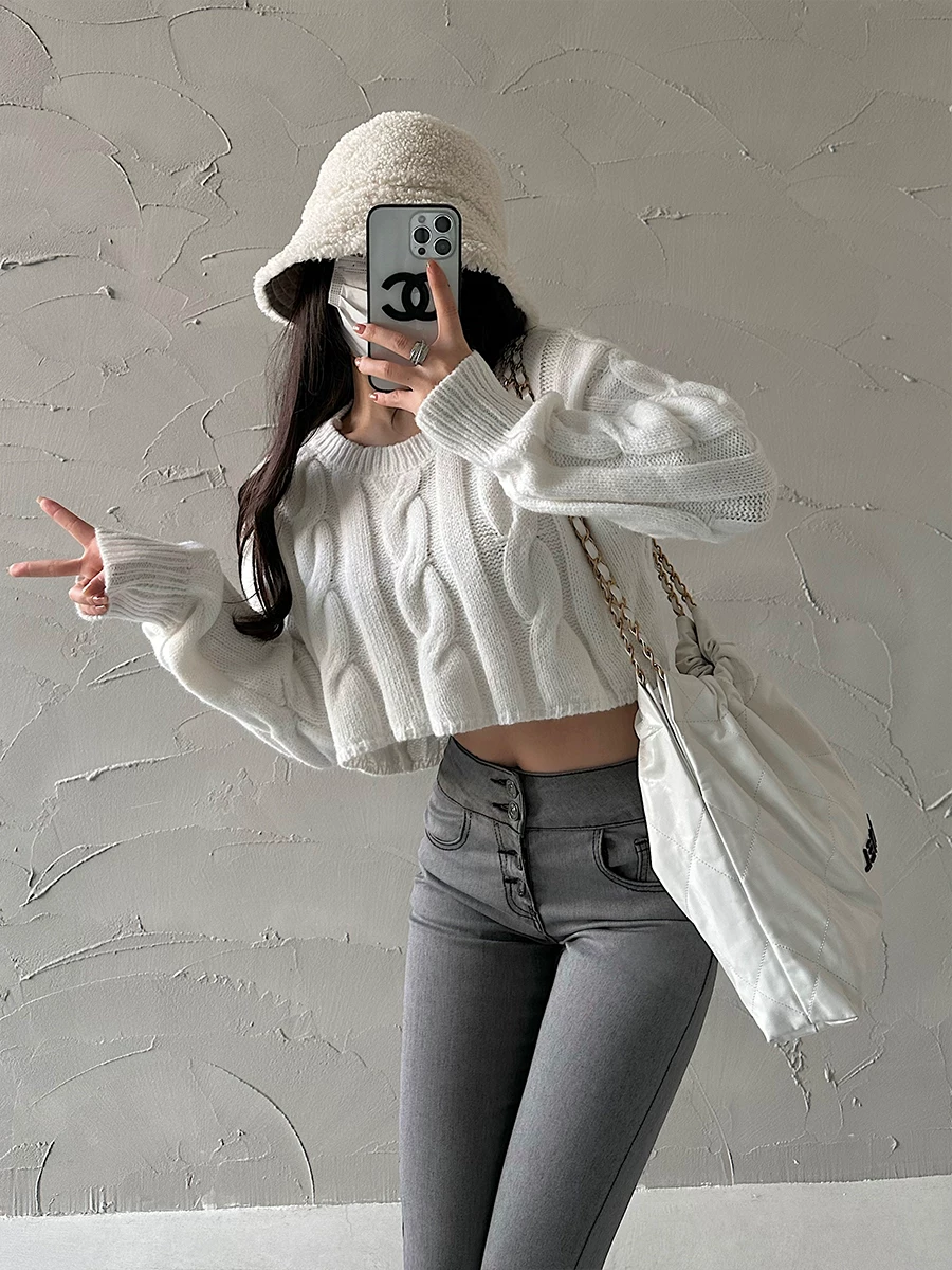 YoungGirlDay Áo len dệt kim cổ tròn kiểu Mỹ cổ điển, dáng rộng, kiểu ngắn, lộ rốn, áo len dài tay dành cho nữ