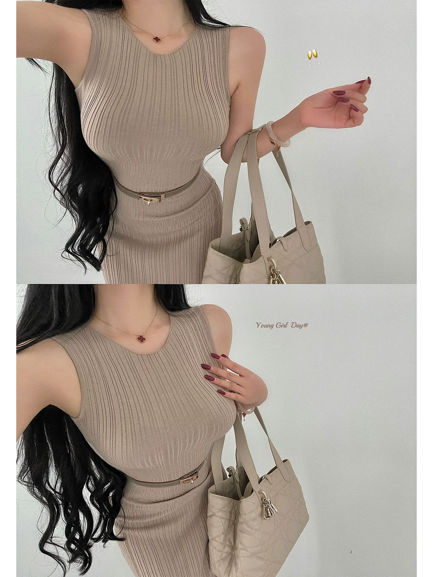 Váy liền thân ôm sát dáng dài, chất liệu len đan, không tay, xẻ lưng, phong cách trưởng thành, gợi cảm, kèm thắt lưng.