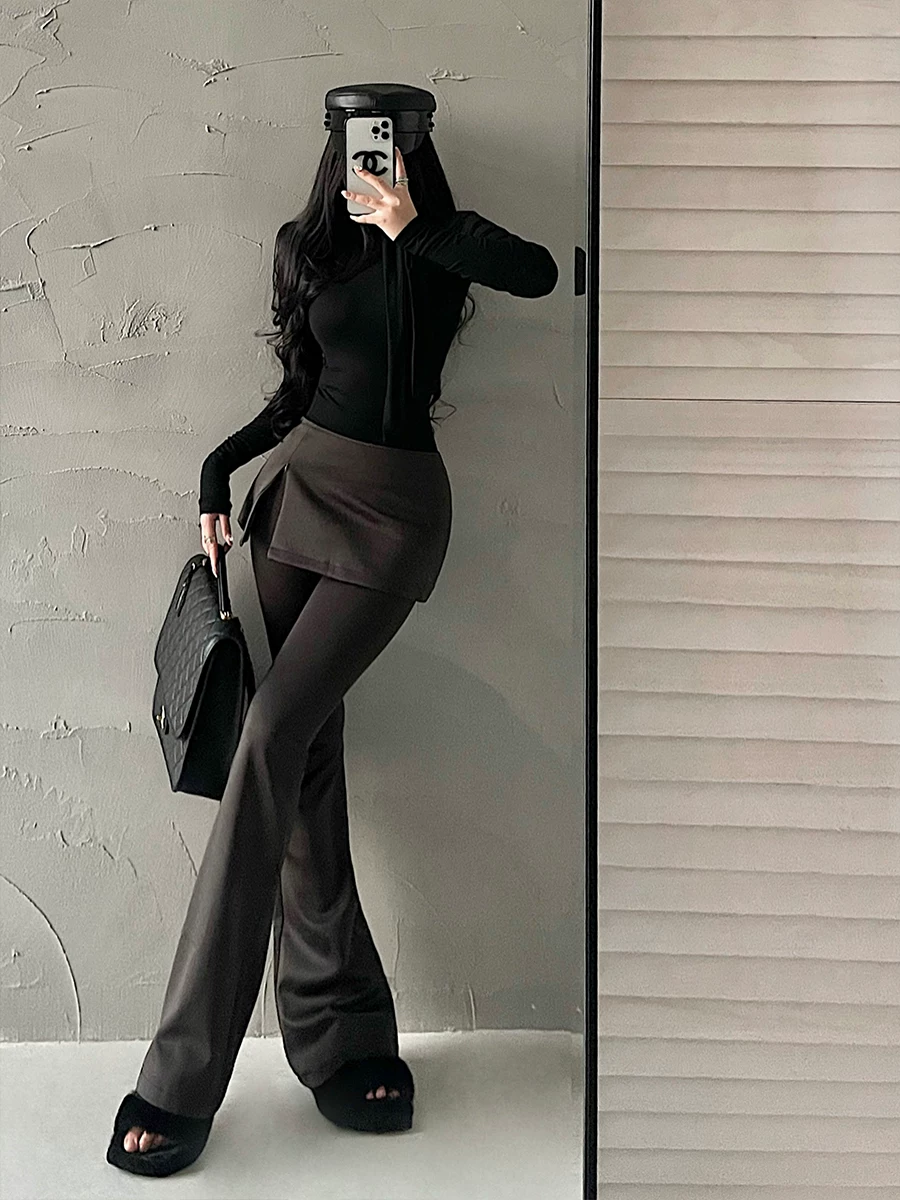 YoungGirlDay Quần giả váy hai mảnh cạp cao phong cách retro của Mỹ có hơi xòe nhẹ giúp kéo dài chân, quần thường ngày, quần dài hợp thời trang.
