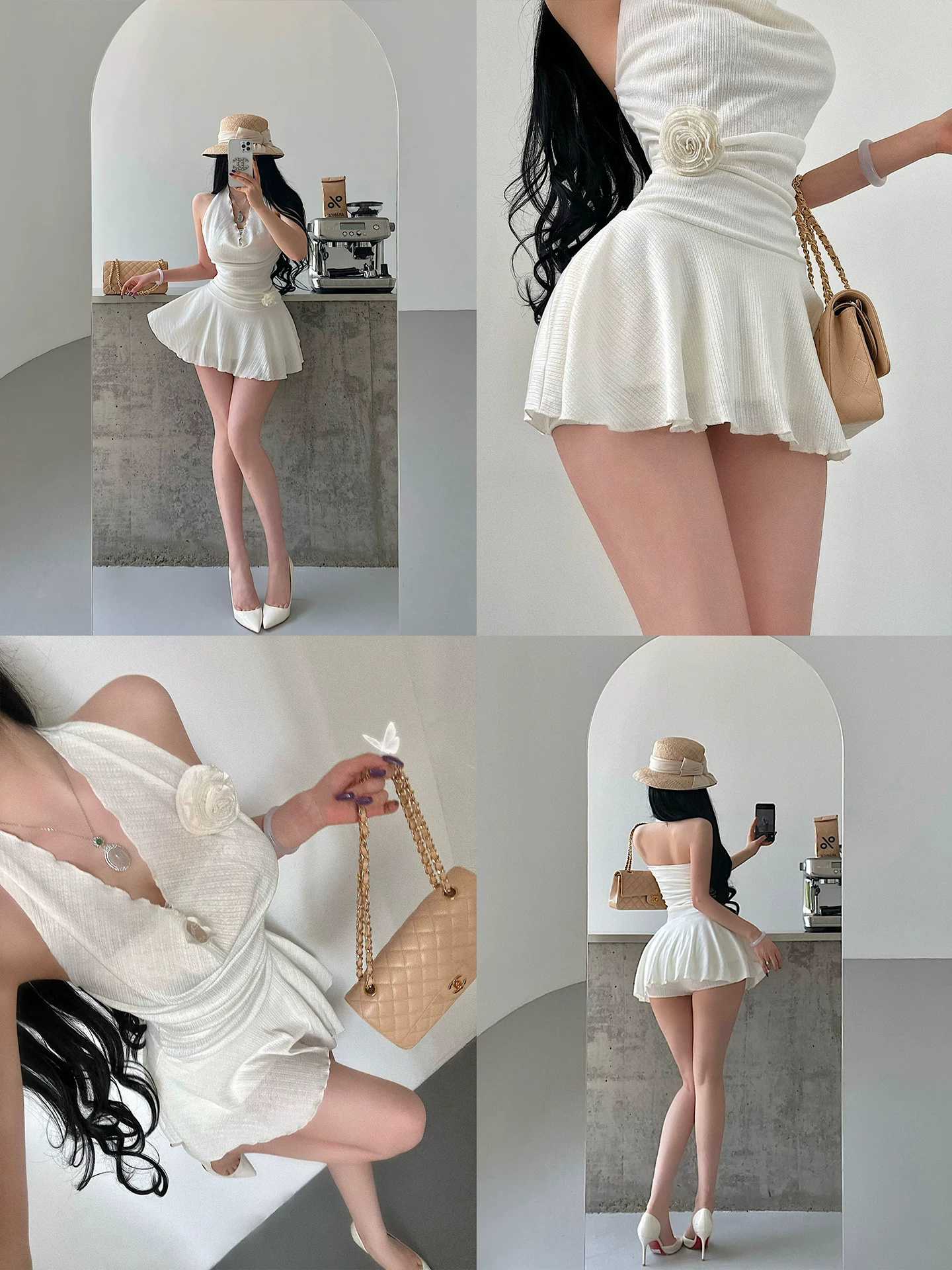 Bộ váy và quần short phối ren trang trí hoa hồng theo phong cách YoungGirlDay, kiểu dáng thuần khiết gợi cảm, có chi tiết xếp ly và cổ halter.