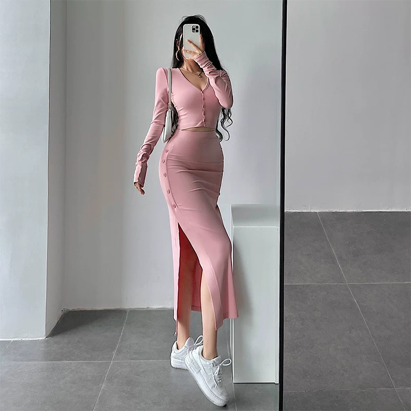 YoungGirlDay Áo thun cardigan dài tay cổ chữ V gợi cảm, ôm sát, cài khuy đơn, bộ váy dài ôm hông cạp cao
