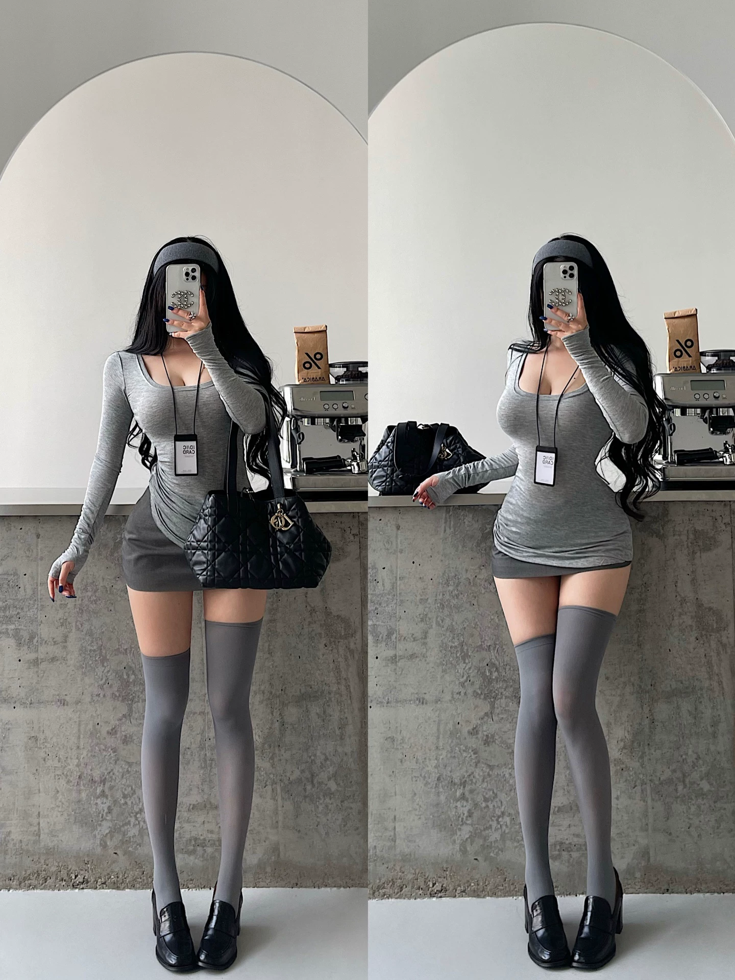 Áo thun dài tay YoungGirlDay cổ chữ U cơ bản, ôm sát, màu trơn, hơi xuyên thấu, co giãn