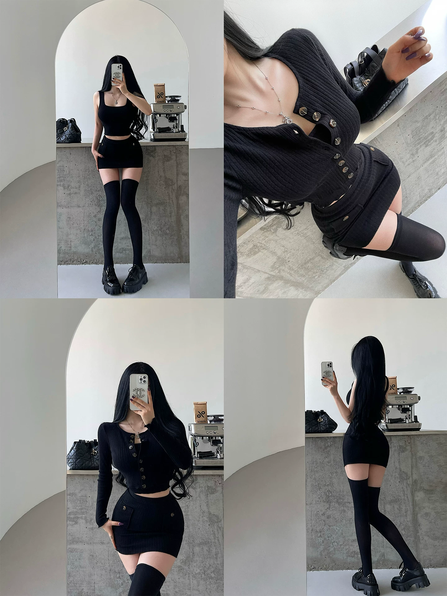 YoungGirlDay phong cách thuần khiết gợi cảm áo yếm cardigan một hàng khuy cạp cao váy ngắn ôm sát bộ đồ dệt kim