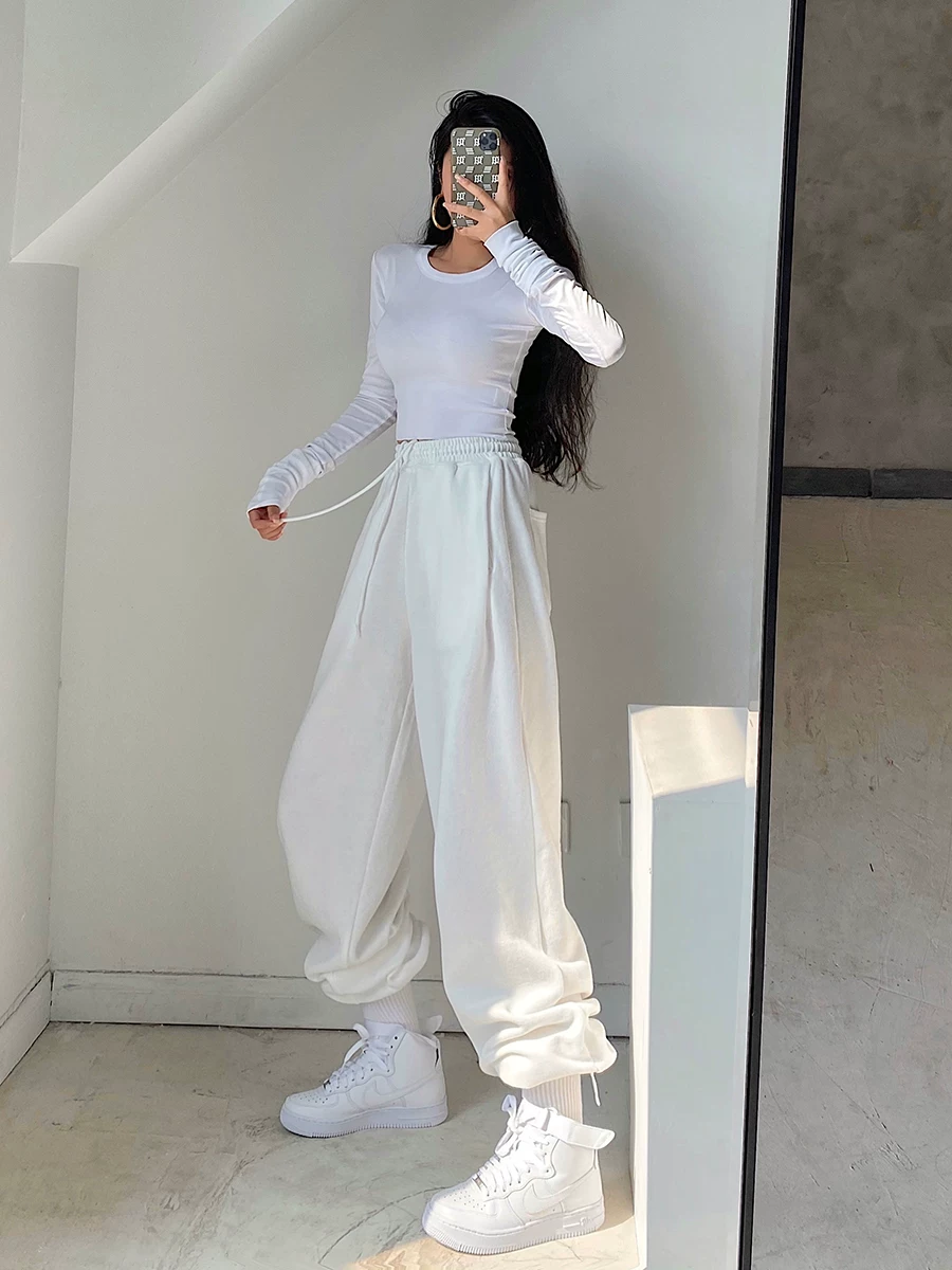 YoungGirlDay Quần jogger dáng rộng có dây rút eo cao phong cách Âu Mỹ, quần thể thao đa năng, quần thể thao, quần dài