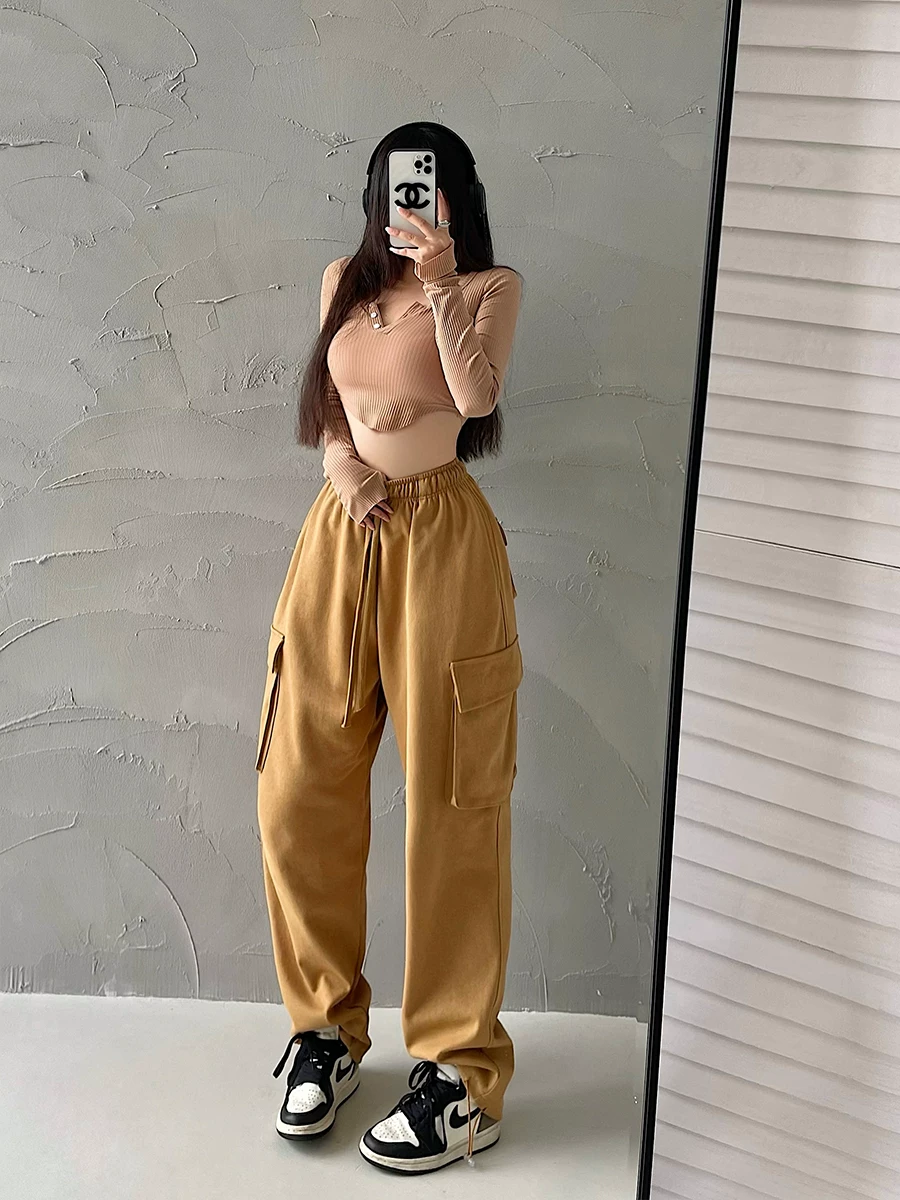 YoungGirlDay Quần jogger dây rút eo cao phong cách Âu Mỹ, có túi lớn, quần thể thao thông thường, quần dài