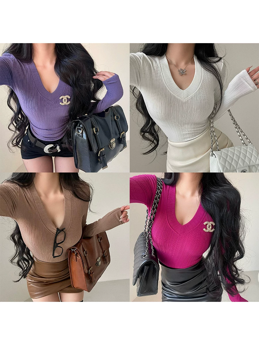 YoungGirlDay Pure Desire gợi cảm cổ chữ V ôm sát màu trơn co giãn lót lông cừu dài tay áo thun