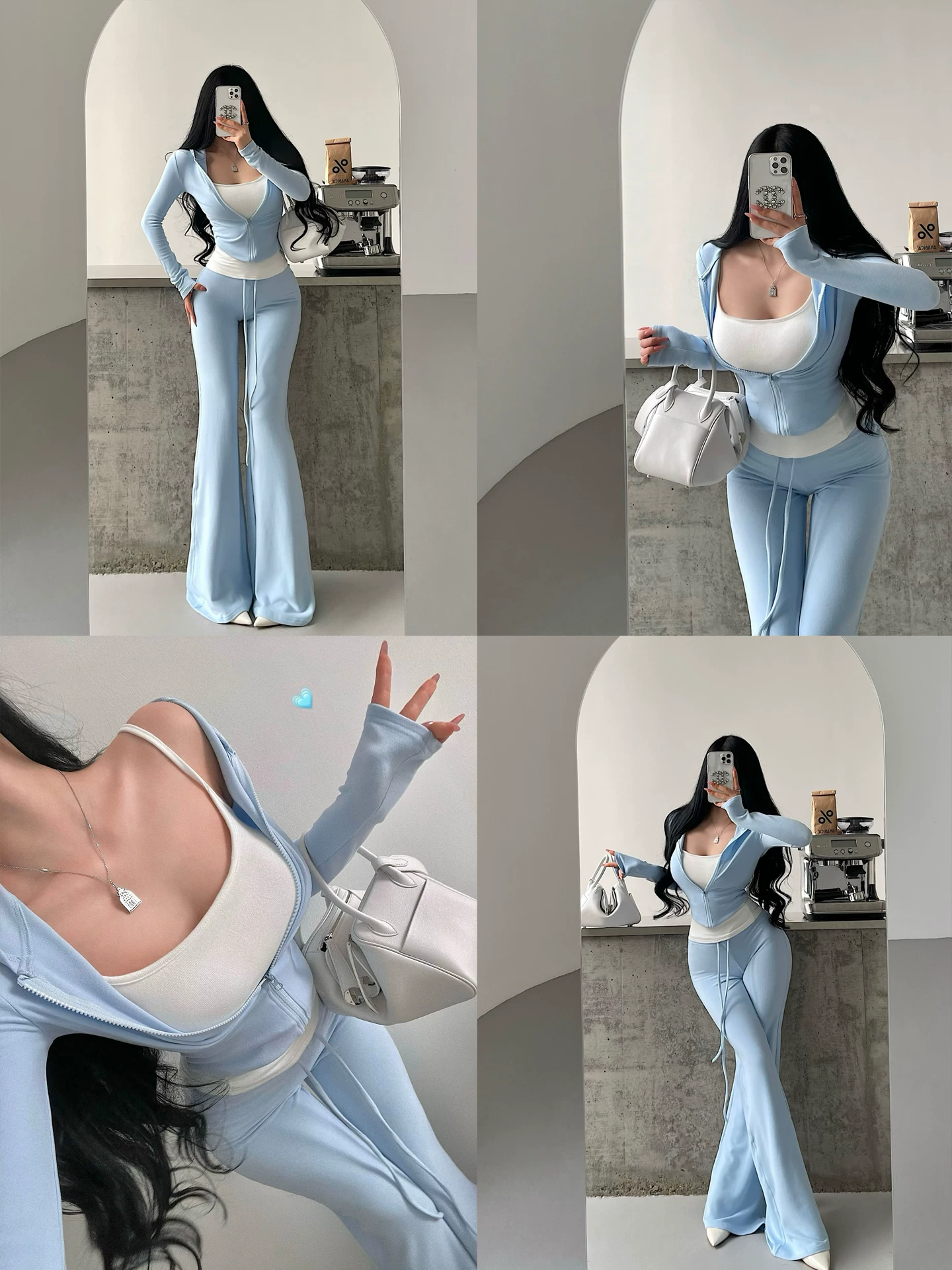 YoungGirlDay【King of Outfits】Áo ba lỗ, áo khoác có mũ trùm đầu, quần dài chạm sàn hơi loe, phong cách giản dị