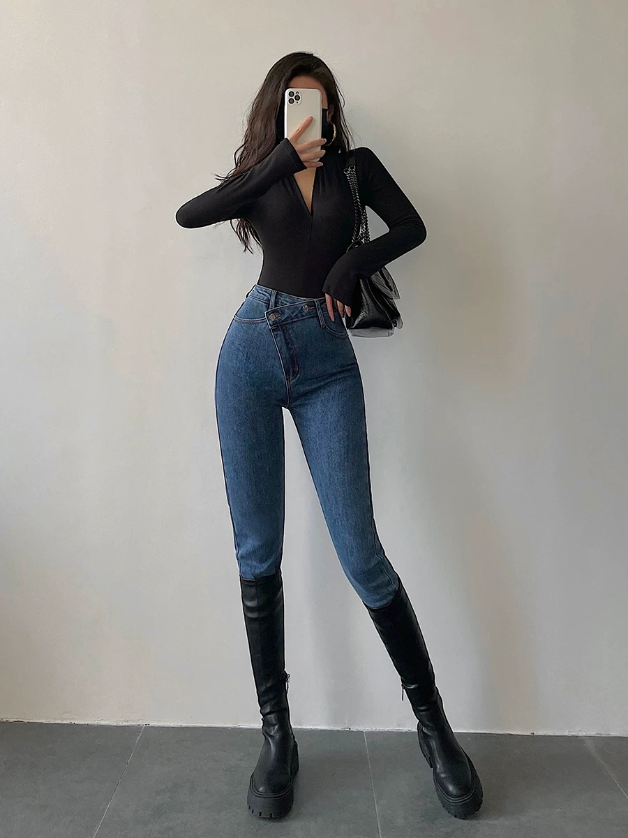YoungGirlDay Quần dài kiểu dáng châu Âu và Mỹ cạp cao không đều, ôm sát, co giãn, quần jean bút chì dài