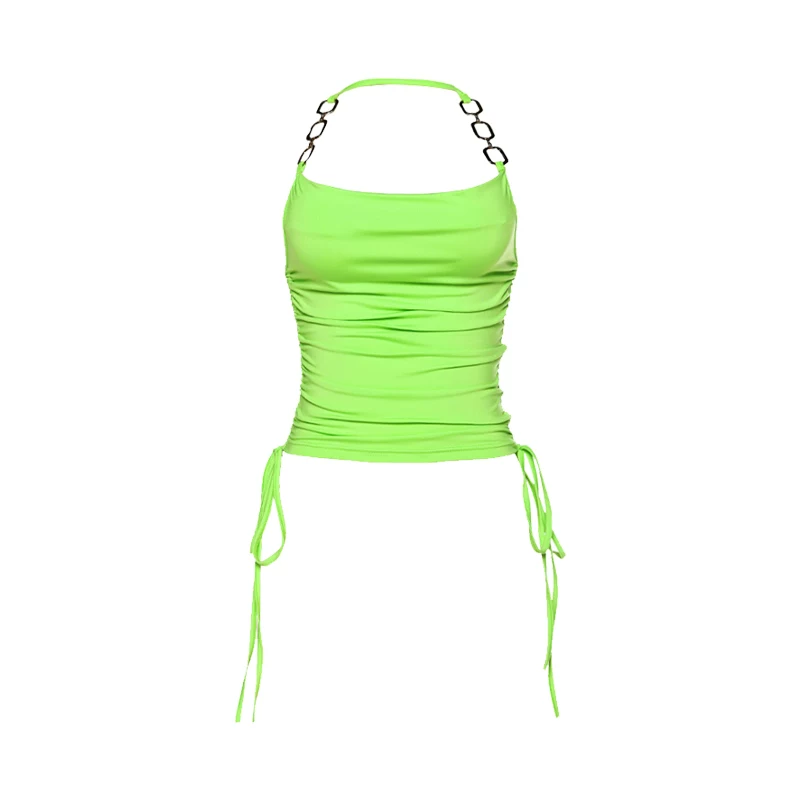 Áo crop top ngắn ôm sát gợi cảm, hở lưng, có dây rút và cổ halter xếp ly, thời trang dành cho các cô gái trẻ.