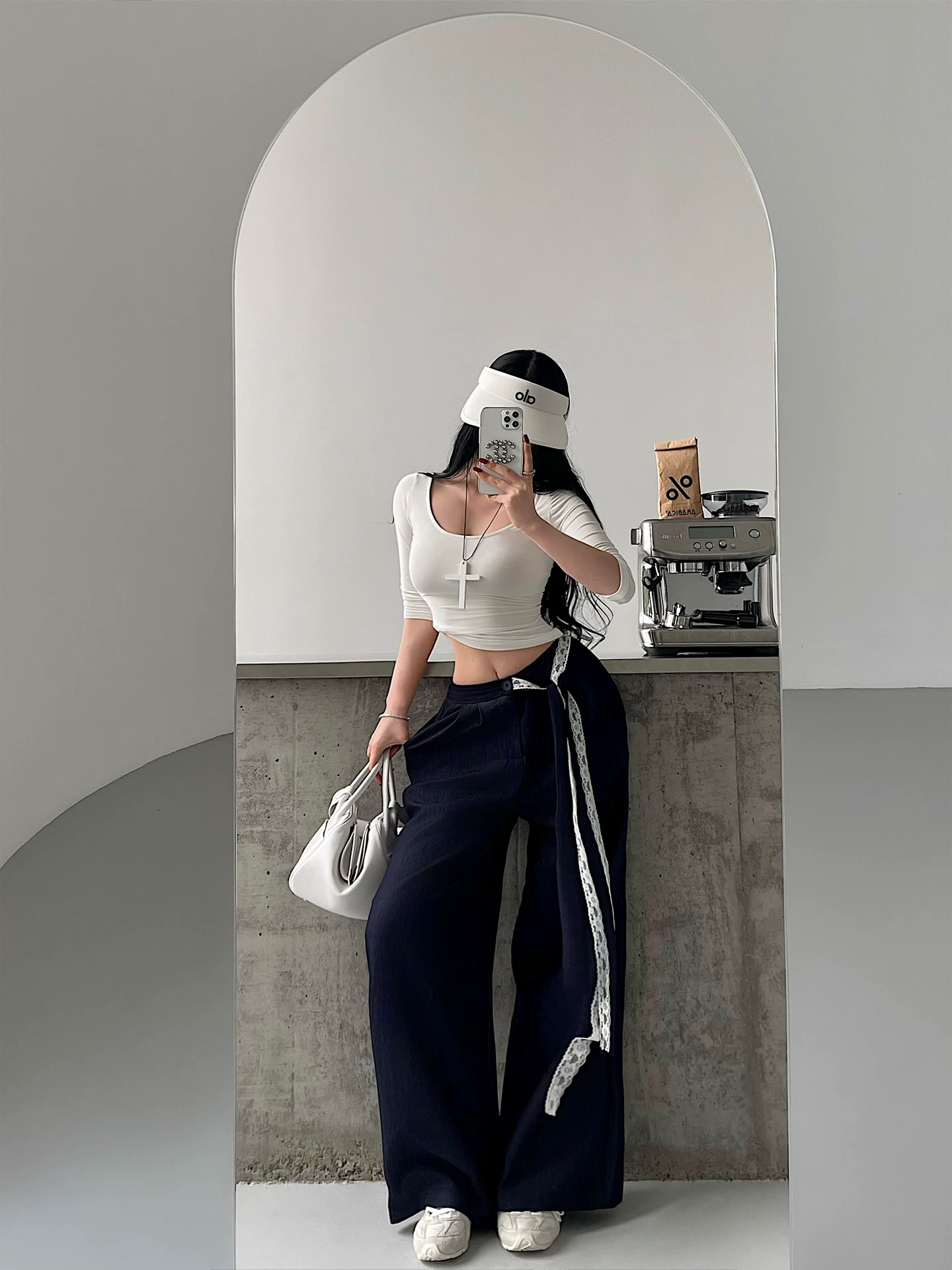 YoungGirlDay khao khát thuần khiết phong cách lười biếng cạp cao viền ren ruy băng thẳng quần ống rộng thường ngày quần dài đến sàn
