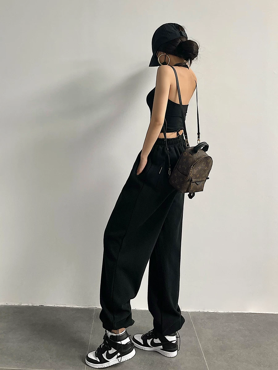 YoungGirlDay Quần jogger dây rút eo cao phong cách Âu Mỹ, màu trơn, đa năng, quần thể thao thông thường, quần dài