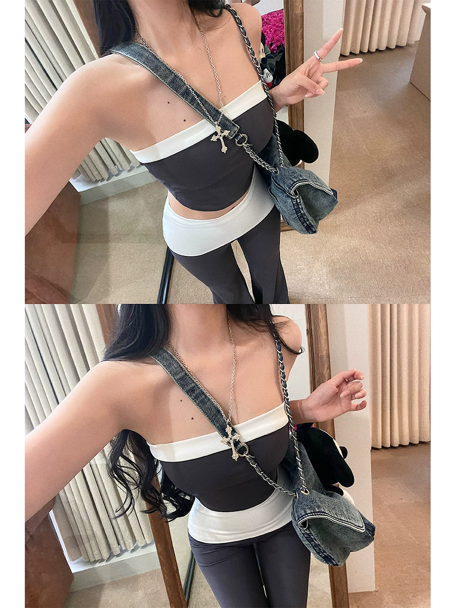 YoungGirlDay gợi cảm, áo ống ngắn phối màu, quần ống loe cạp cao, quần dài chạm sàn, bộ đồ hợp thời trang