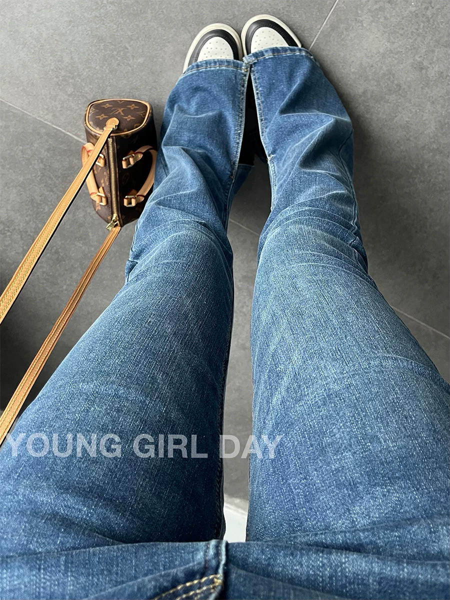 YoungGirlDay Quần jean dài chấm đất kiểu dáng đường phố châu Âu và Mỹ, cạp cao, ôm sát, xẻ tà, tôn dáng chân dài.
