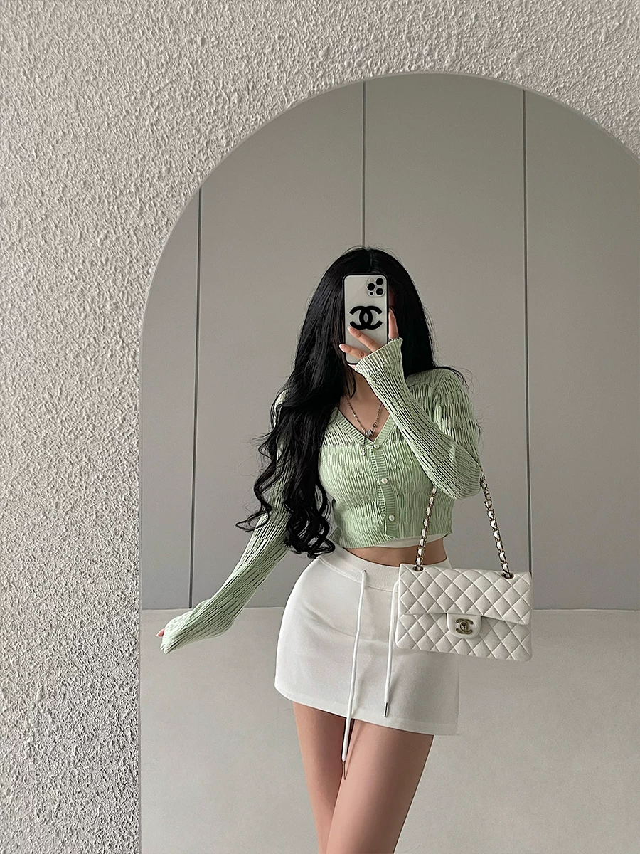 YoungGirlDay Pure Desire Cổ chữ V Slim Fit Áo len dệt kim ngắn tay dài Áo khoác chống nắng siêu mỏng