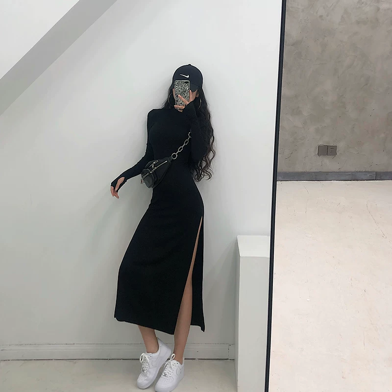 YoungGirlDay Váy dài ôm sát xẻ cao gợi cảm phong cách Âu Mỹ.