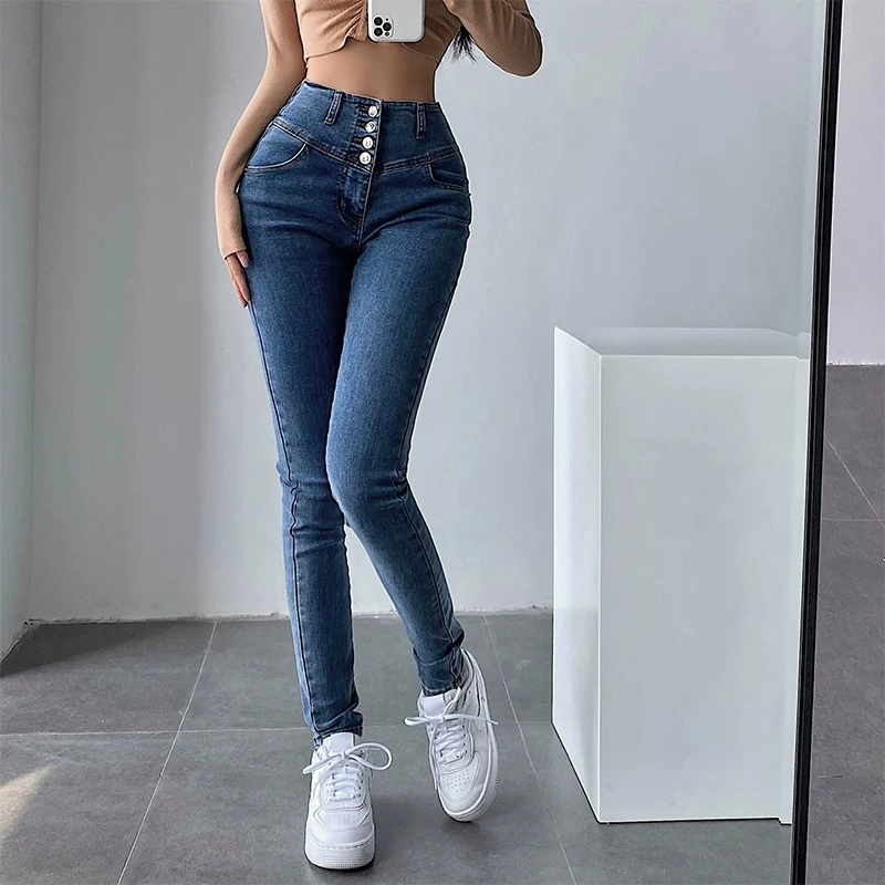 YoungGirlDay2023 phong cách mùa thu mới kiểu Âu Mỹ quần jean skinny co giãn cạp cao kiểu dáng ôm sát quần bút chì