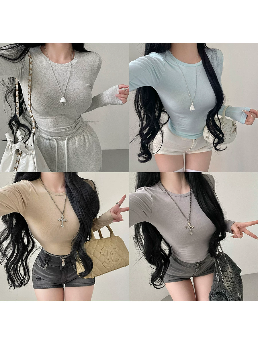 Áo thun dài tay đa năng màu trơn cổ tròn cơ bản của YoungGirlDay Kardashian