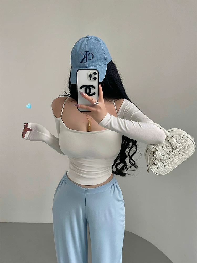 YoungGirlDay Pure Desire Hot Girl Thiết kế lệch vai gợi cảm Áo thun dài tay vừa vặn có đệm ngực tích hợp