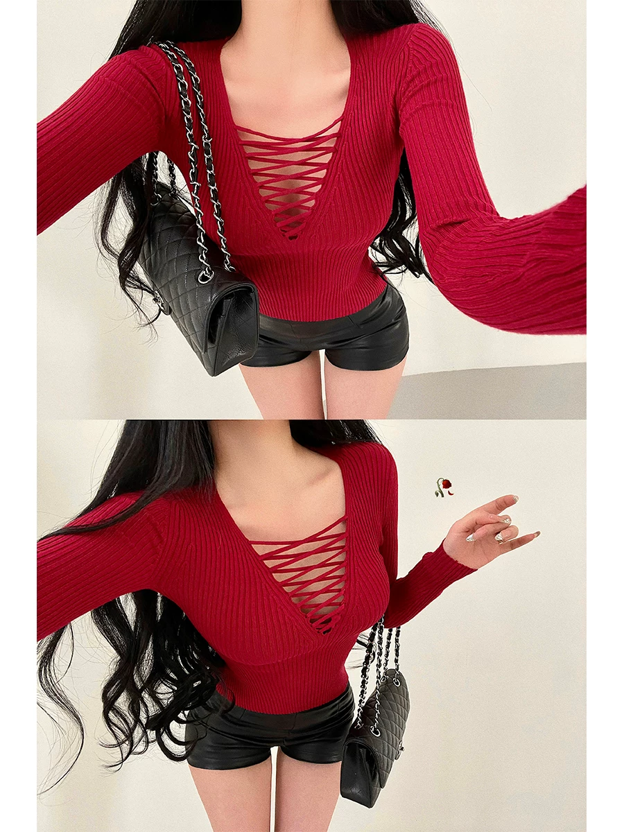YoungGirlDay phong cách thuần khiết gợi cảm áo dệt kim dài tay ôm sát ngực khoét lỗ gợi cảm