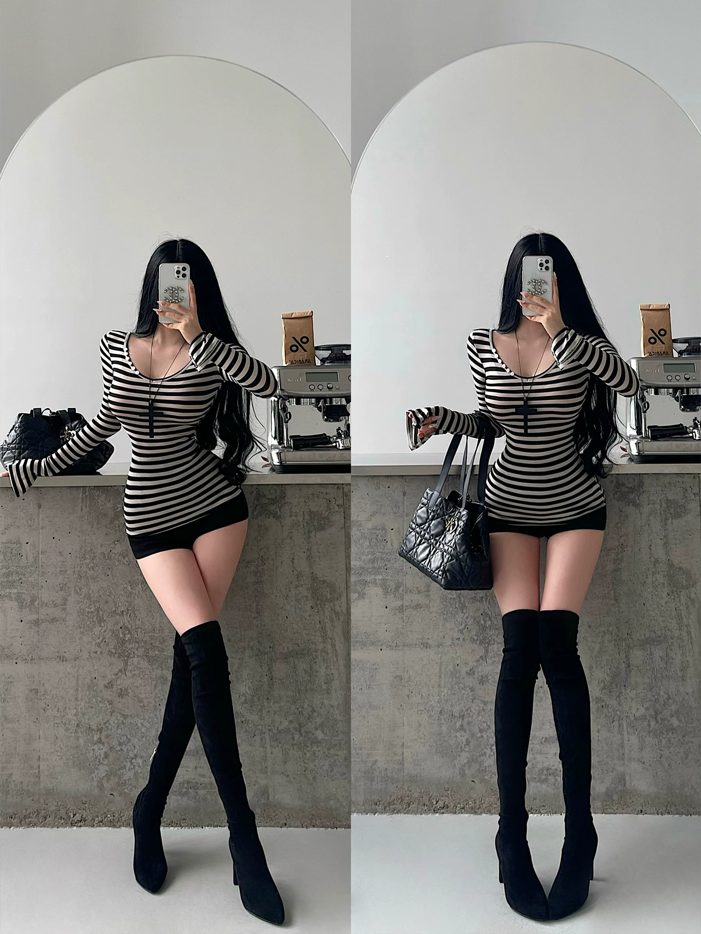 YoungGirlDay khao khát thuần khiết hot girl gợi cảm cổ chữ V sâu có nút trang trí áo thun sọc dài tay vừa vặn