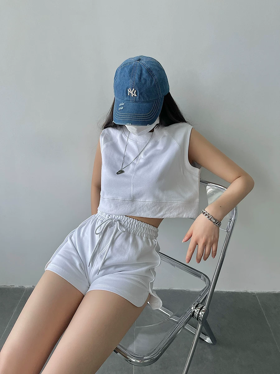 YoungGirlDay Áo crop top ngắn cổ tròn dáng rộng thời trang châu Âu và Mỹ, áo vest thể thao không tay thông thường