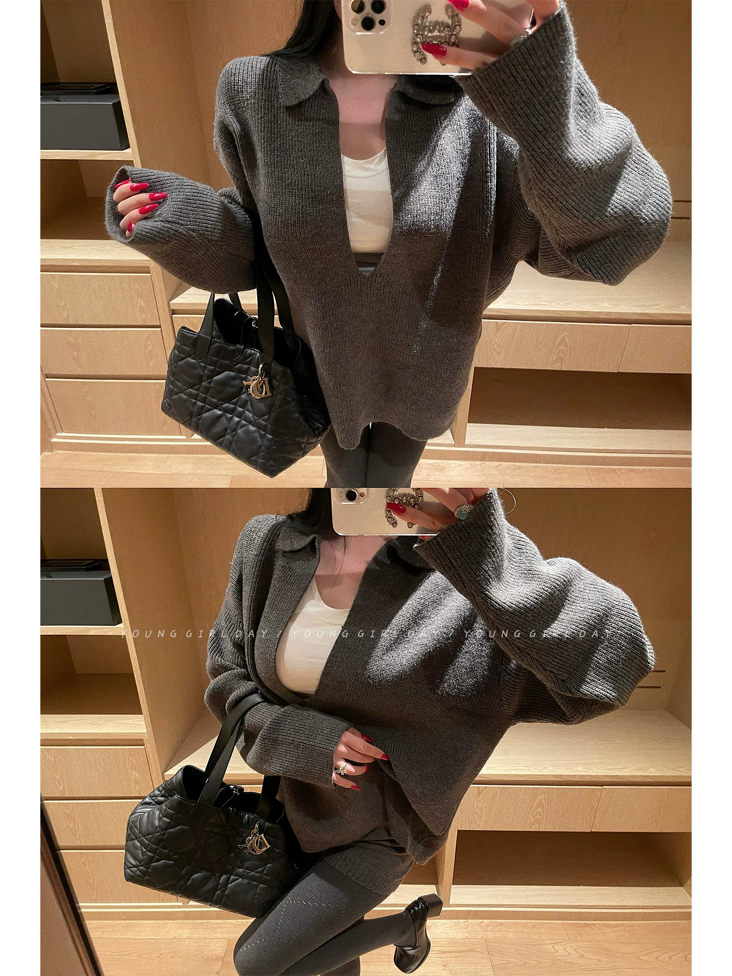 YoungGirlDay lazy vibe áo len dệt kim cổ chữ V dáng rộng, quần short cạp cao, bộ đồ thường ngày