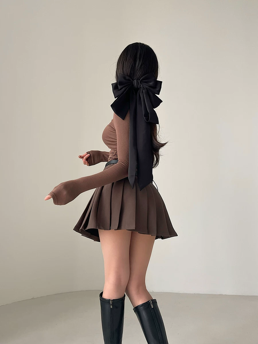 YoungGirlDay Váy xếp ly cạp cao phong cách đại học châu Âu và Mỹ có dây đai đôi chống lộ hàng kèm quần short an toàn.