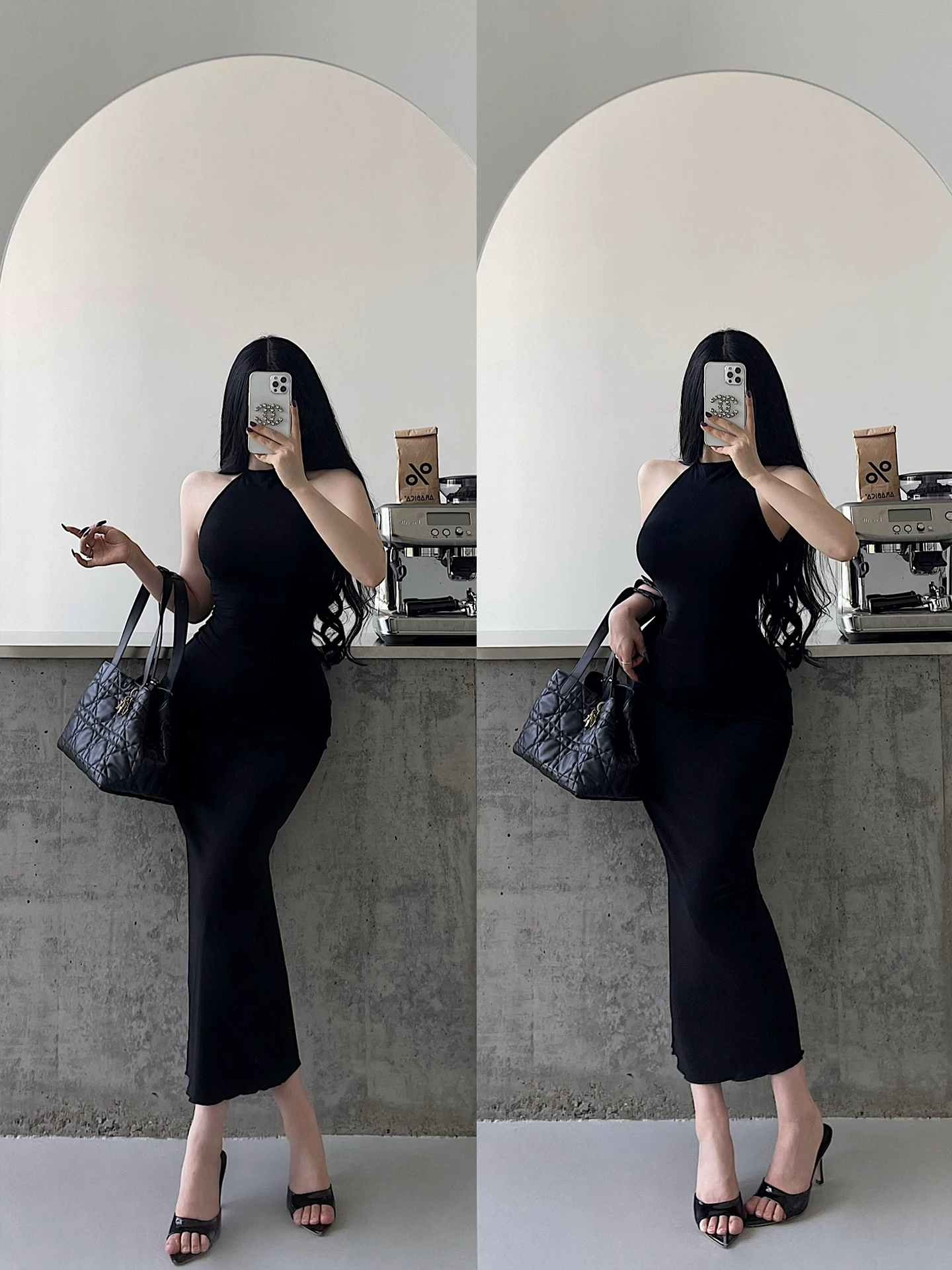 Váy dài ôm sát, không tay, cổ halter, khoe lưng gợi cảm, tôn dáng của YoungGirlDay Kardashian.