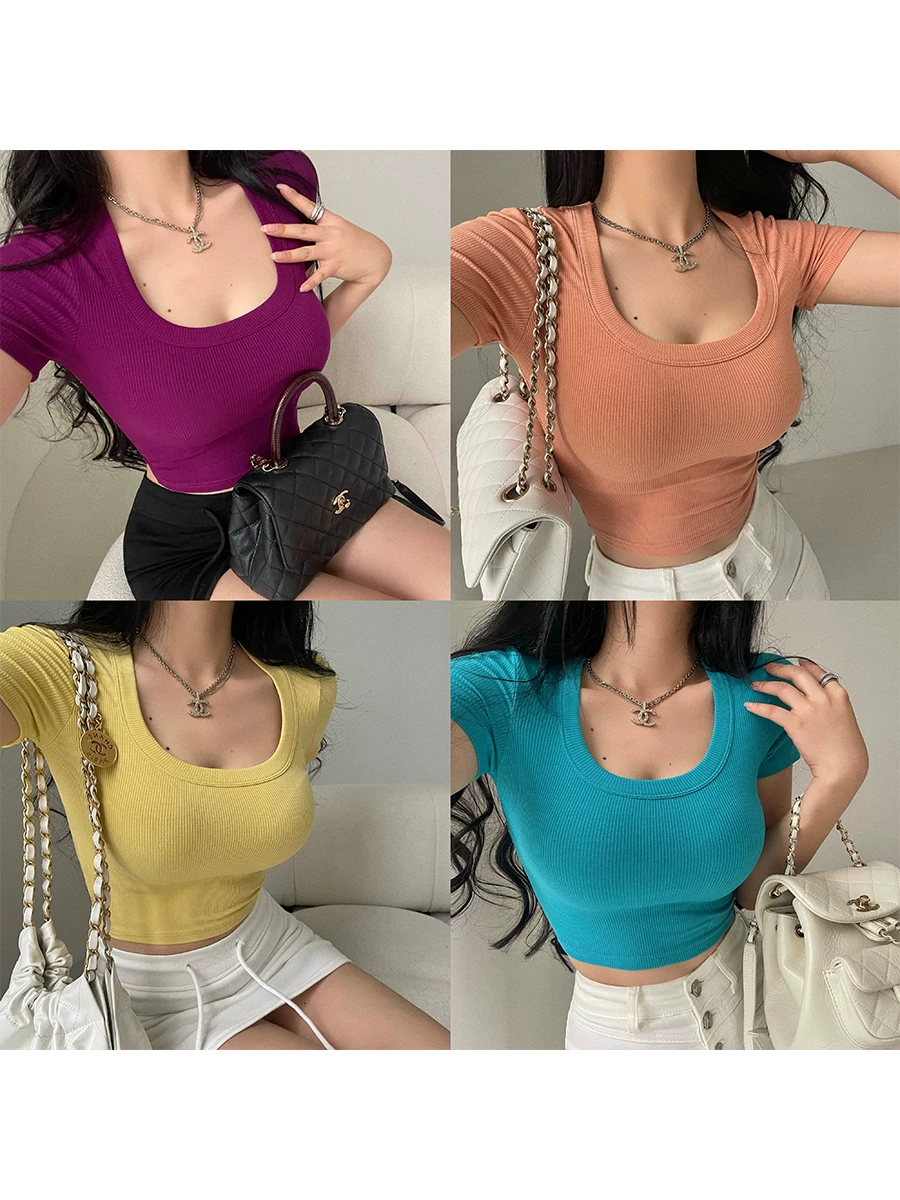 YoungGirlDay Áo crop top ngắn cổ chữ U kiểu dáng cơ bản châu Âu và Mỹ, hở rốn, áo thun ngắn tay màu trơn co giãn.