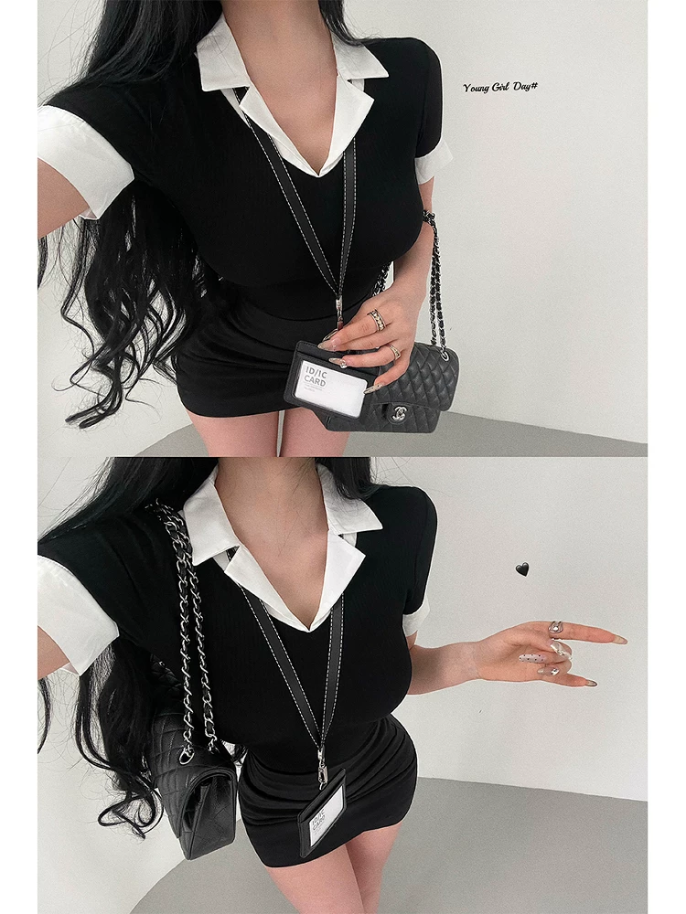 YoungGirlDay Pure Desire Style OL Slim Fit Áo sơ mi giảm béo ôm eo có màu sắc tương phản Áo thun ngắn tay có cổ tay áo màu tương phản dành cho nữ.