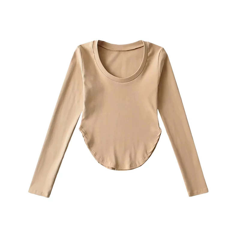 YoungGirlDay Pure Desire Hot Girl Gợi cảm Slim Fit Cổ tròn viền cong Áo thun dài tay cơ bản hàng đầu