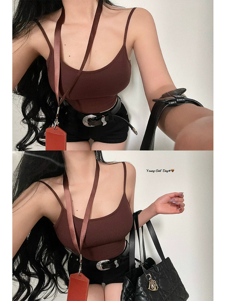 YoungGirlDay Kardashian hot girl áo crop top ngắn bó sát gợi cảm với dây đai mỏng trong áo yếm đa năng màu trơn.