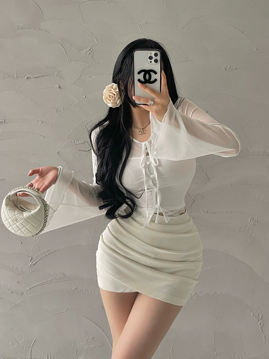 YoungGirlDay khao khát thuần khiết gợi cảm ren lưới đính ngọc trai áo cardigan dài tay áo hai dây bộ hai món