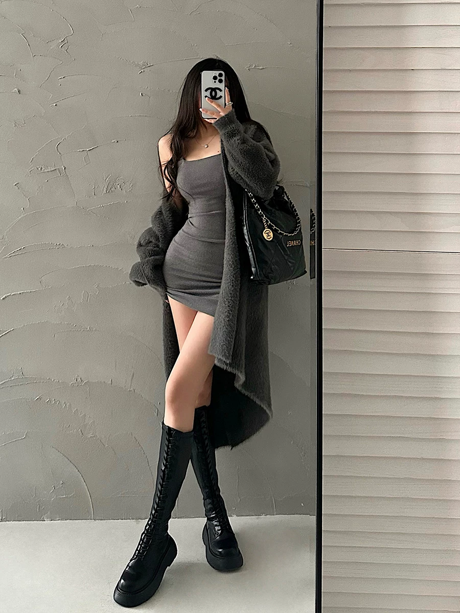 YoungGirlDay khao khát thuần khiết gợi cảm, váy ôm sát hông, áo khoác cardigan dài vừa phải, bộ hai món