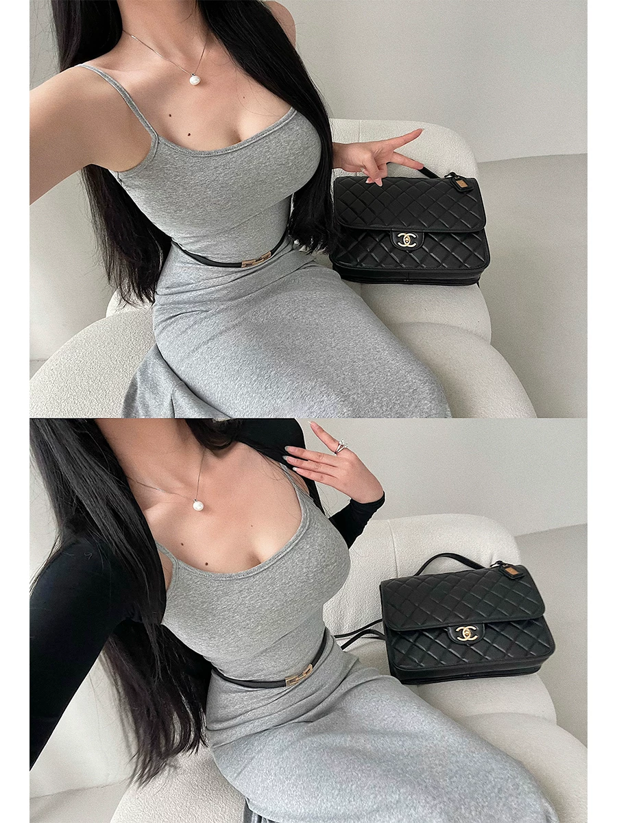 YoungGirlDay pure Desire vibe slim fit màu trơn có dây đeo viền lớn váy dài có thắt lưng