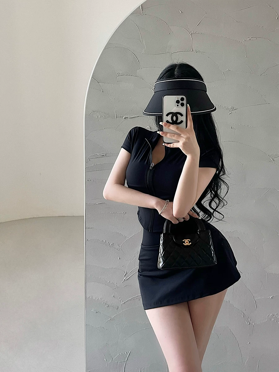 Áo ngắn tay có khóa kéo YoungGirlDay, váy ôm sát cạp cao chống lộ, bộ đồ thể thao thường ngày, hợp thời trang
