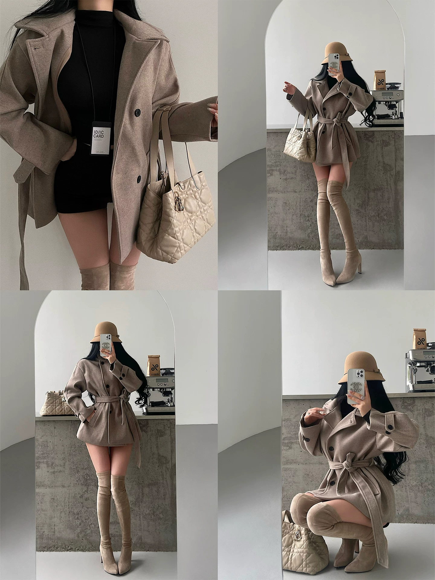 YoungGirlDay Áo khoác len mùa thu đông kiểu Hàn Quốc cổ đứng thông minh, có dây buộc eo, kiểu dáng Hàn Quốc.