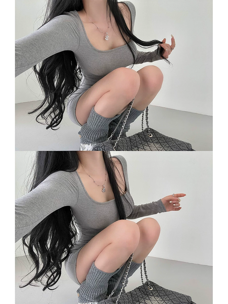 YoungGirlDay váy ôm sát cơ thể dài tay bằng nhung giữ nhiệt cổ vuông gợi cảm với thiết kế ôm sát cơ thể có miếng đệm ngực.
