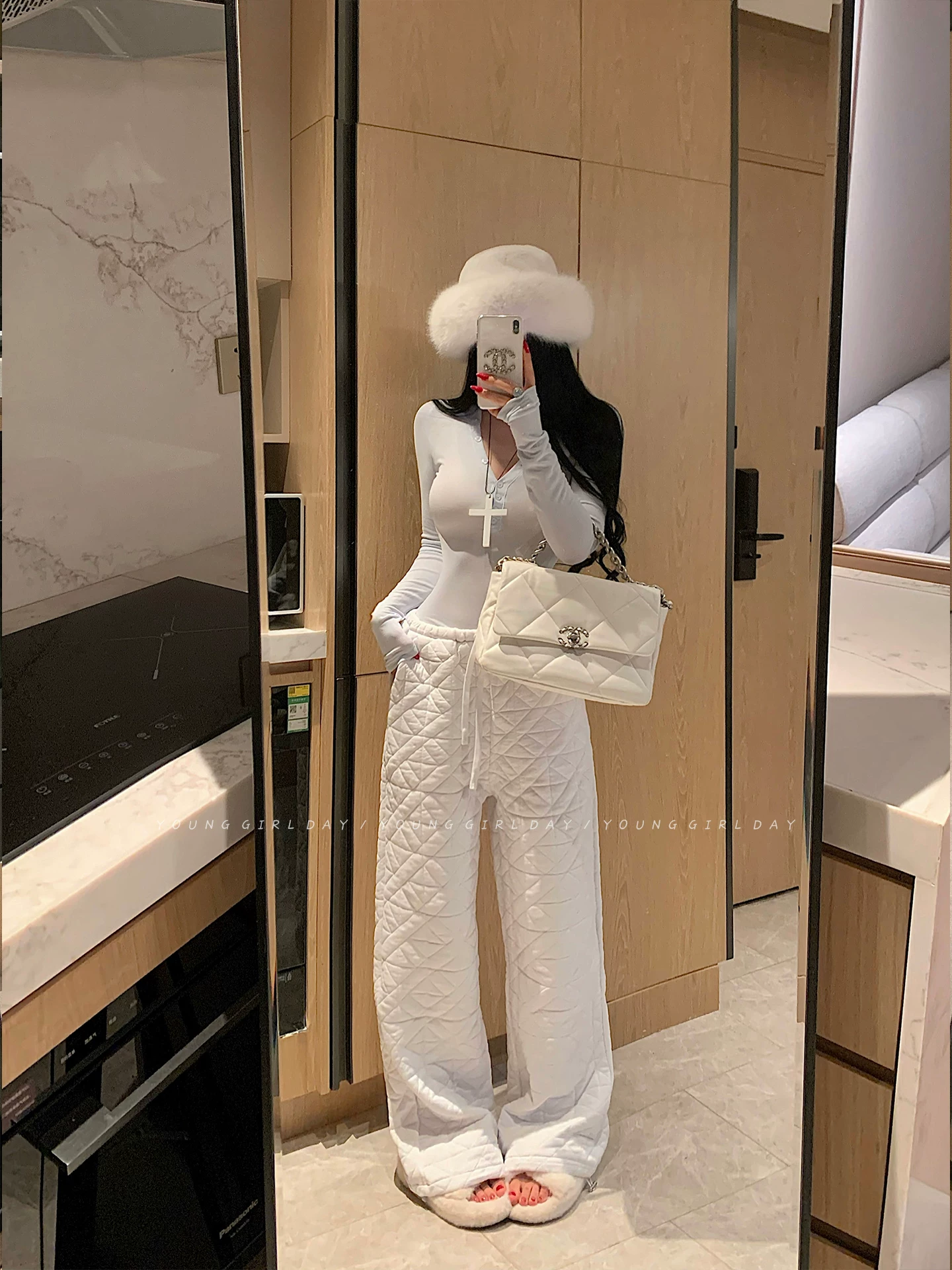 YoungGirlDay Quần jogger cạp cao kiểu Mỹ có dây rút, lót bông chần bông, quần thể thao ống rộng ấm áp, quần dài chạm sàn.
