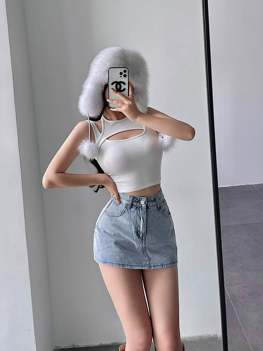 YoungGirlDay áo crop top ngắn ôm sát gợi cảm màu trơn có cổ dây buộc