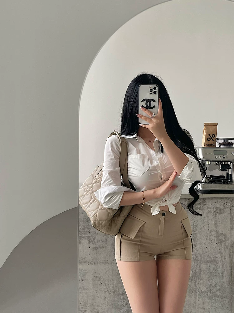 YoungGirlDay Quần short ôm sát hông kiểu Hàn Quốc gợi cảm, cạp cao, có túi bên hông, giúp chân trông dài hơn, quần short thường ngày, quần short nóng bỏng