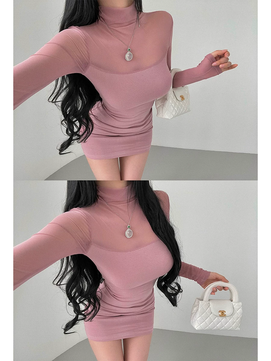YoungGirlDay Phong cách truyện tranh Hàn Quốc khao khát thuần khiết gợi cảm cổ cao phối lưới vải lông cừu dài tay ôm sát váy ngắn
