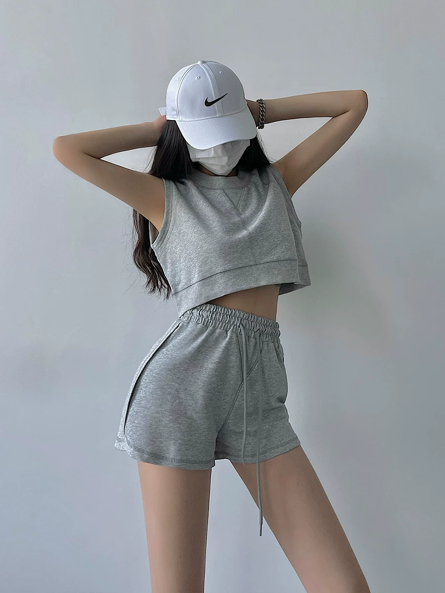 YoungGirlDay Áo crop top ngắn cổ tròn dáng rộng thời trang châu Âu và Mỹ, áo vest thể thao không tay thông thường
