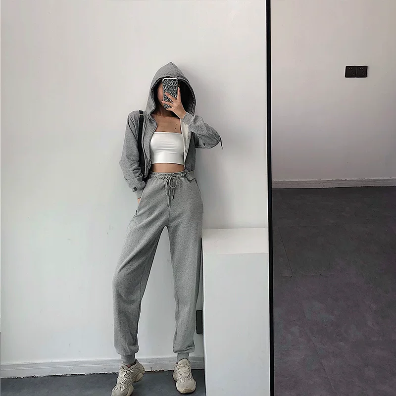 YoungGirlDay Áo cardigan dáng ôm eo phong cách Âu Mỹ, áo len ngắn có mũ trùm đầu màu trơn có khóa kéo