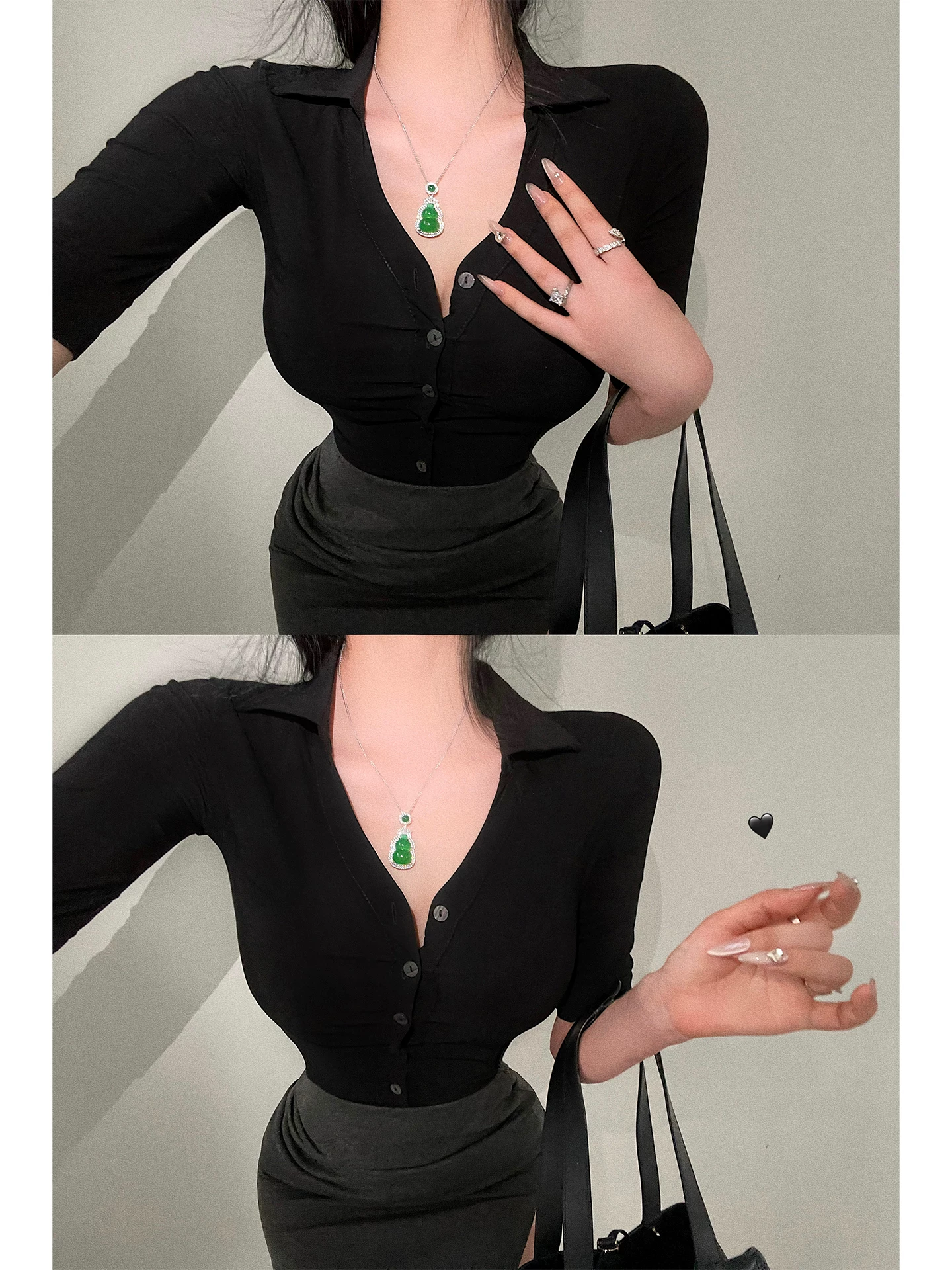 YoungGirlDay Phong cách trưởng thành Pure Desire Hàn Quốc OL Áo sơ mi cổ bẻ vừa vặn ôm eo thon gọn tay lỡ kiểu Hàn Quốc.