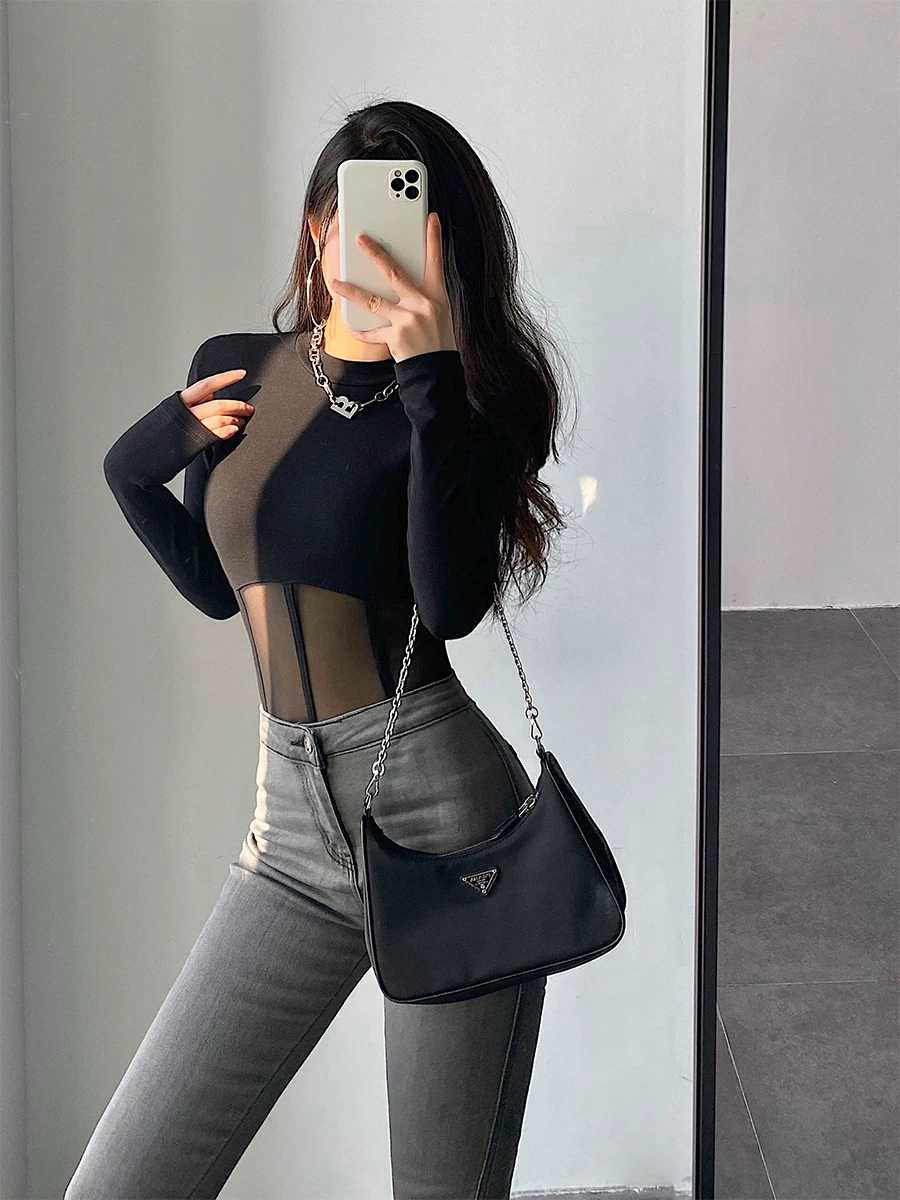 Áo thun dài tay phối lưới cổ cao YoungGirlDay gợi cảm dành cho nữ