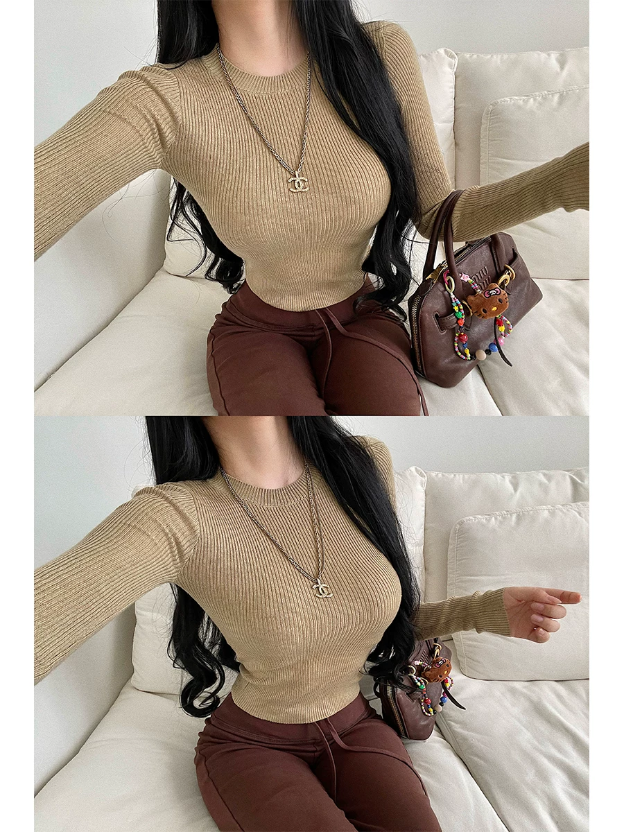 Áo dệt kim dài tay co giãn cổ tròn cơ bản YoungGirlDay Kardashian dành cho nữ
